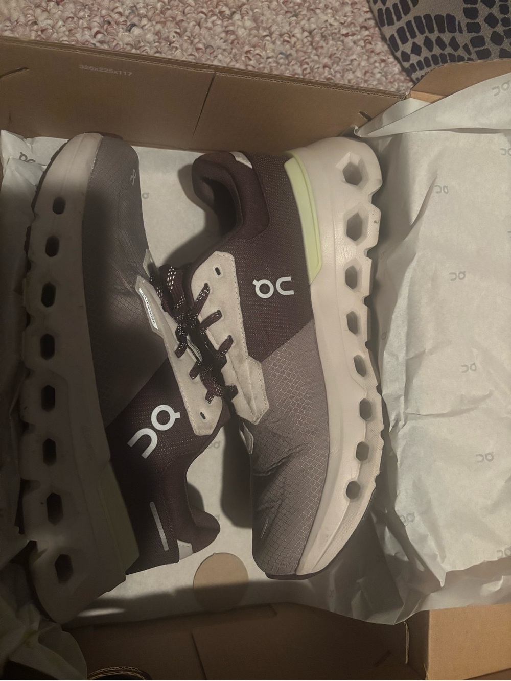 On Running Women's Sneakers in Dark Brown, Light Gray and Cream with Lime Accent